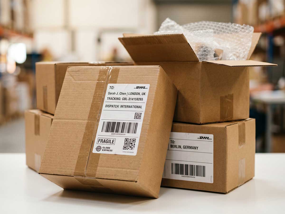 Cajas de envío WF Box con etiquetas de seguimiento