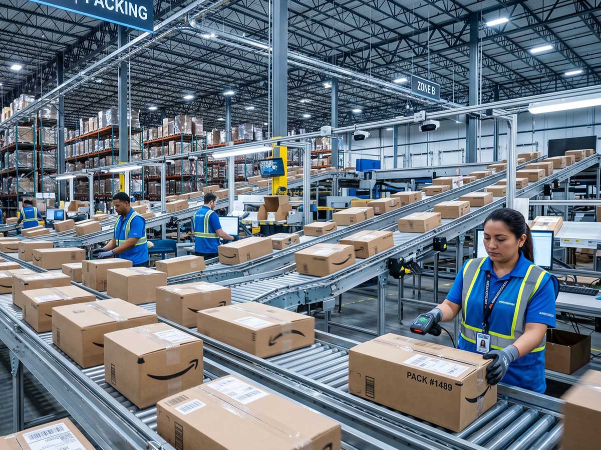 Centro de distribución con paquetes en banda transportadora