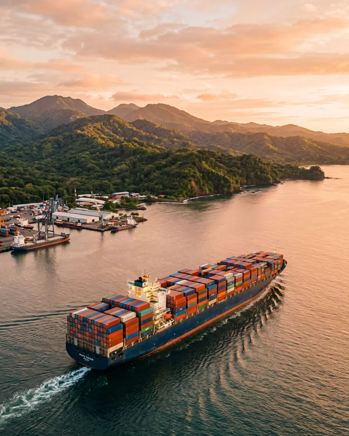 Buque portacontenedores zarpando desde puerto costarricense al amanecer