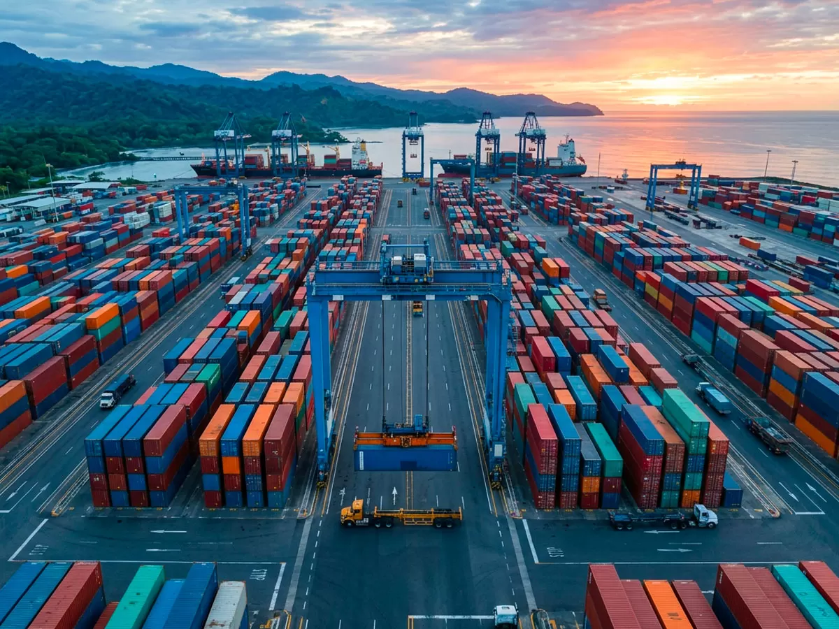 Vista aérea de terminal de contenedores con grúa portuaria