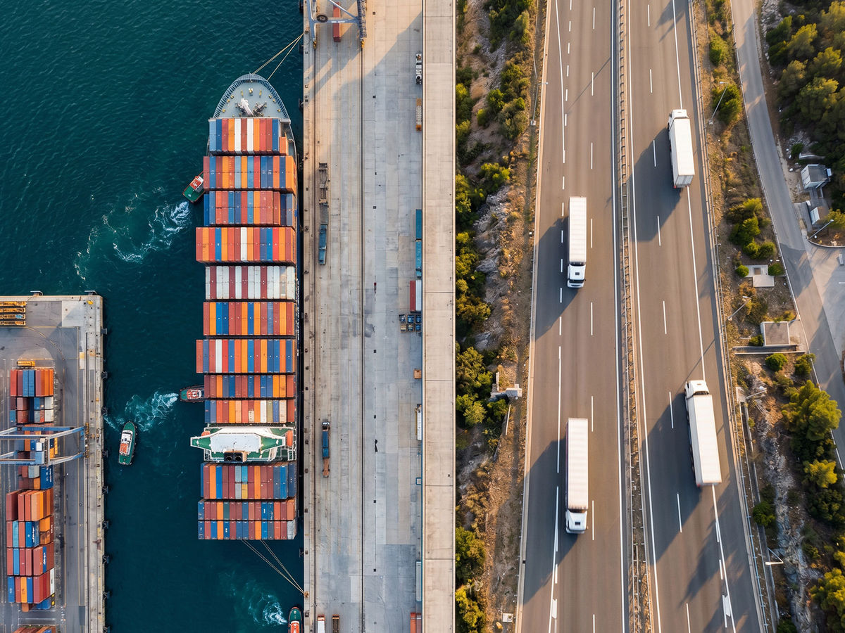 Vista aérea cenital de buque portacontenedores en puerto y camiones de carga en autopista, mostrando la operación logística integral de WF Aduanas